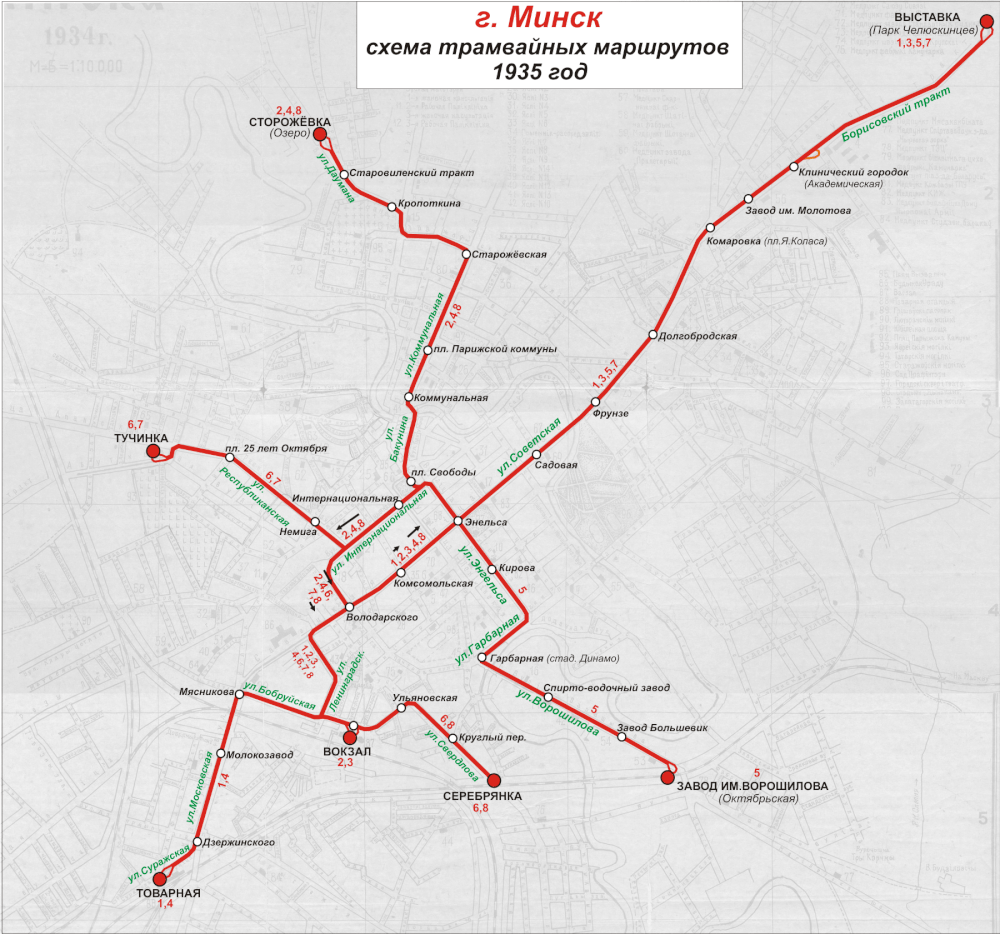 Schéma tramvajové sítě v roce 1935.