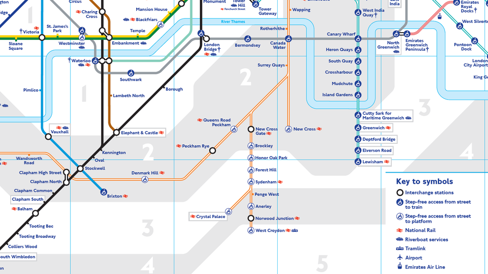 Výřez z mapy londýnského metra. Na levé straně můžete vidět současnou konečnou stanici hnědé trasy Bakerloo Line (Elephant & Castle), na pravé straně pak konečnou Lewisham systému DLR. Právě do Lewishamu by mělo prodloužení Bakerloo Line zamířit. (zdroj: TfL)