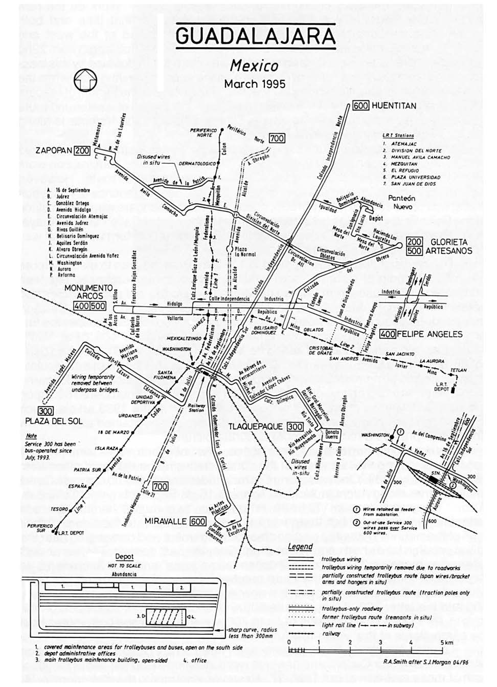 Stav trolejbusové sítě v Guadalajaře v roce 1995. Čárkovaně je zobrazena budovaná a nikdy nedokončená trať pro plánovanou linku 700. (zdroj: Trolleybus Magazine, č. 7-8/1996; sbírka Allen Morrison) 