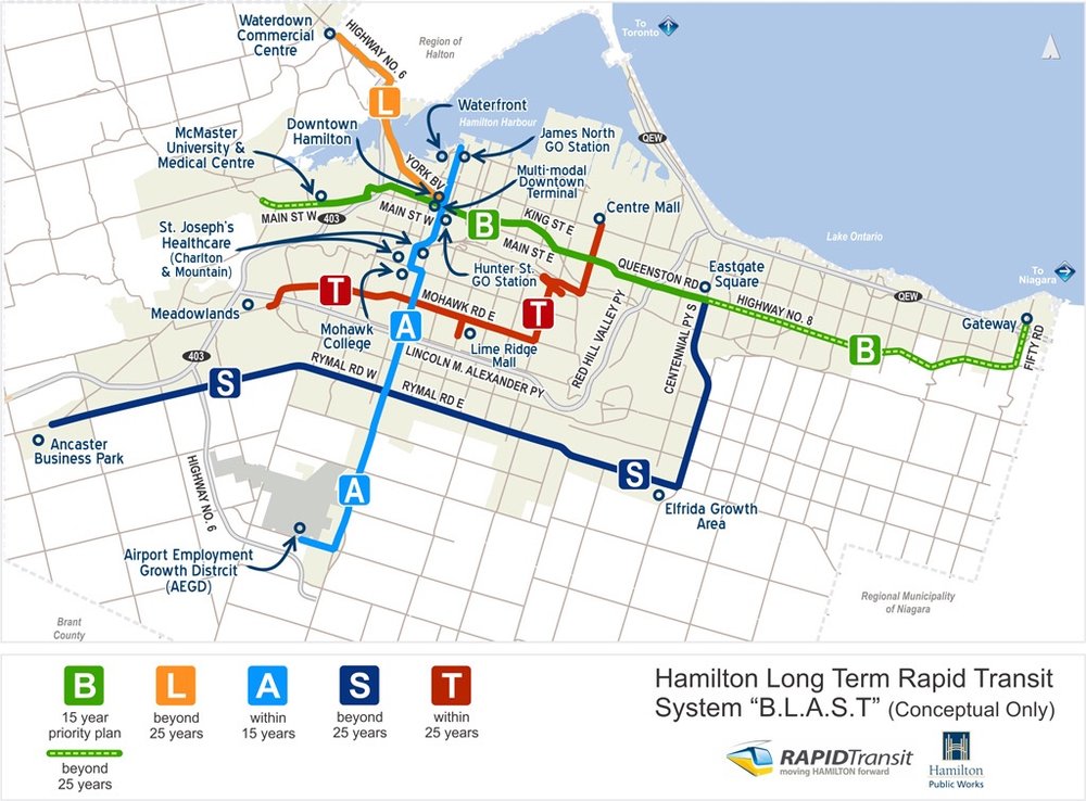 Plán linek BLAST, tedy jednotlivých tras budoucí tramvajové sítě v Hamiltonu. V první etapě má proběhnout výstavba trasy B. (zdroj: www.hamilton.ca)