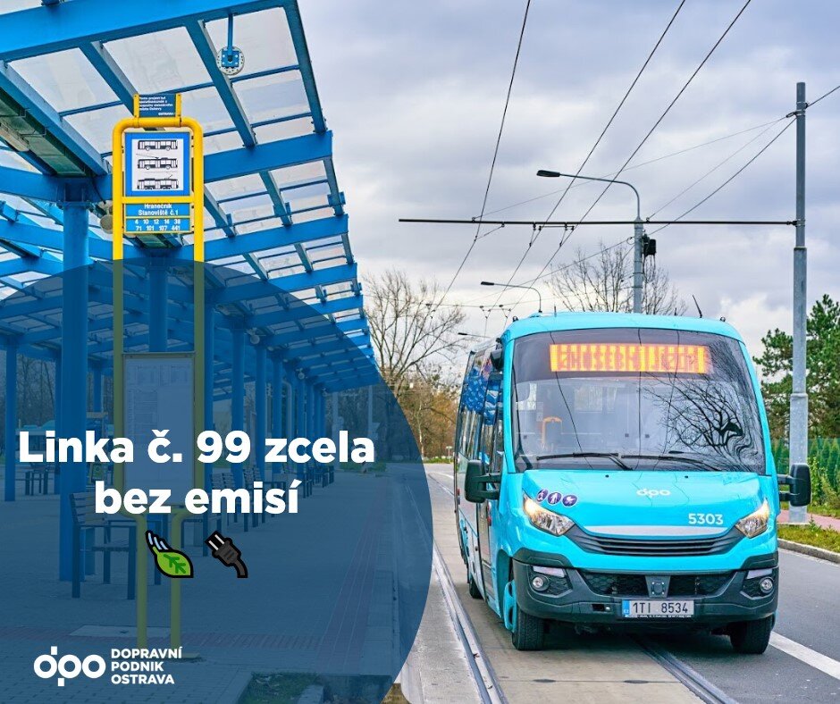 Znovuobnovení provozu linky číslo 99 provázela řada problémů. Poslední přešlap byl už spíše úsměvný, když dopravce publikoval na facebooku tento obrázek s titulkem, že linka číslo 99 jezdí již zcela bez emisí. Ve skutečnosti ale vyjely elektrobusy na linku až po týdnu. (zdroj: facebook DPO)