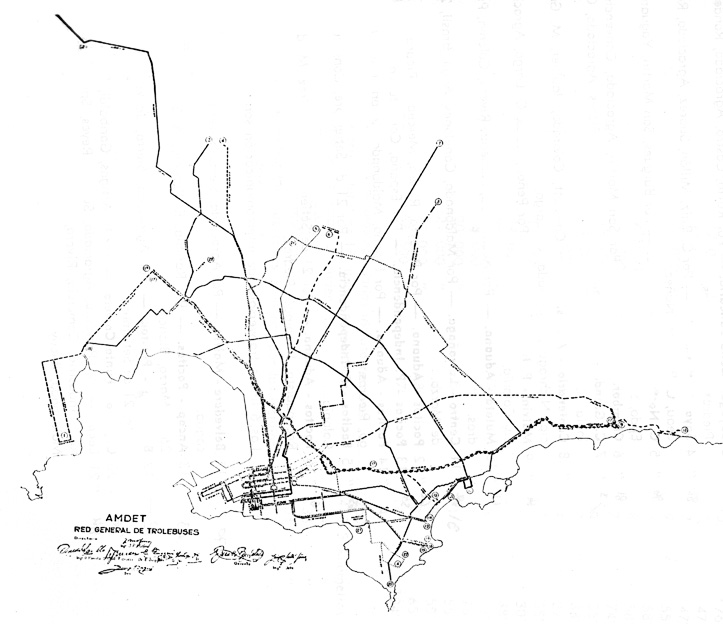 Trolejbusy, množte se! Zřejmě toto si řekli představitelé Amdetu, když na počátku 50. let rýsovali jejich síť. Zobrazená podoba se však nikdy nedočkala 100% naplnění, přesto i 16 zřízených linek mělo poměrně široký záběr. (zdroj: archiv Marcelo Benoit)
