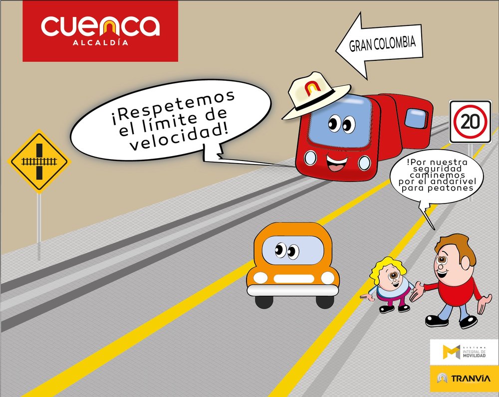 Tramvaj ještě nejezdí a již byla radnicí města spuštěna masivní informačně-výchovná kampaň, která má předejít zbytečným neštěstím. Konkrétně na tomto obrázku tramvaj upozorňuje, že by se mělo dodržovat rychlostní omezení, a rodič dítěti říká, že se v zájmu jejich bezpečnosti budou procházet po chodníku. (foto: Tranvía Cuenca)