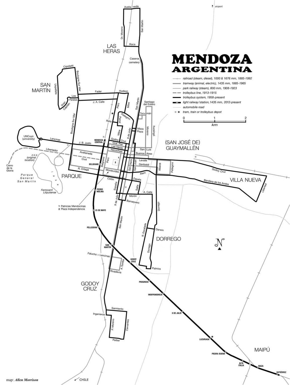 Z uveřejněné mapky vyplývá, že trolejbusová síť tu tramvajovou téměř bezezbytku nahradila a nadto ji dnes svým rozsahem přesahuje. Nicméně městská kolejová doprava se do Mendozy navrátila, a to v podobě rychlodrážní tramvaje, která se již brzy dočká svého prodloužení a která je na mapce rovněž zřetelná. (autor: Allen Morrison)
