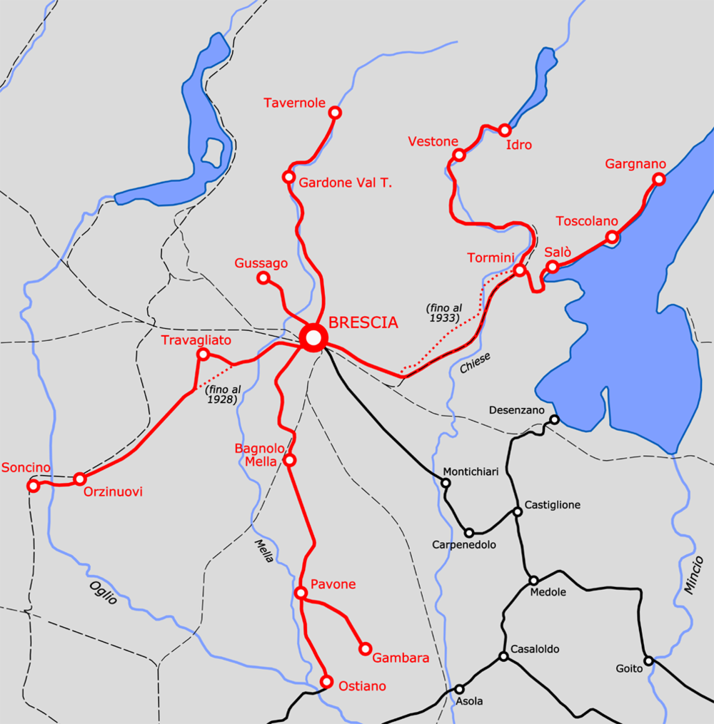 Síť meziměstských tramvají vycházejících z Brescie na plánku dokumentující stav z roku 1933 (před začátkem rušení sítě). (zdroj: Wikipedia.org)