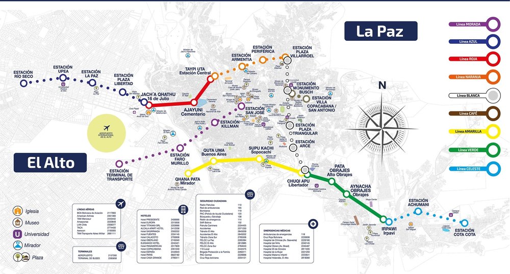 Plánek zachycuje stávající síť tří linek a tečkovaně i trasování dalších šesti linek, jejichž realizace byla posvěcena příslušným zákonem ze dne 26. ledna 2015. (zdroj: Ministerio de Comunicación del Estado Plurinacional de Bolivia)