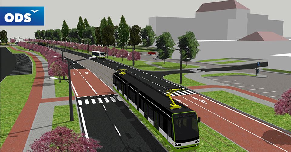 Vizualizace obousměrného a oboustranného vozu na platformě typu Škoda ForCity Alfa na třídě 17. listopadu v Karviné. (zdroj: Facebook ODS)