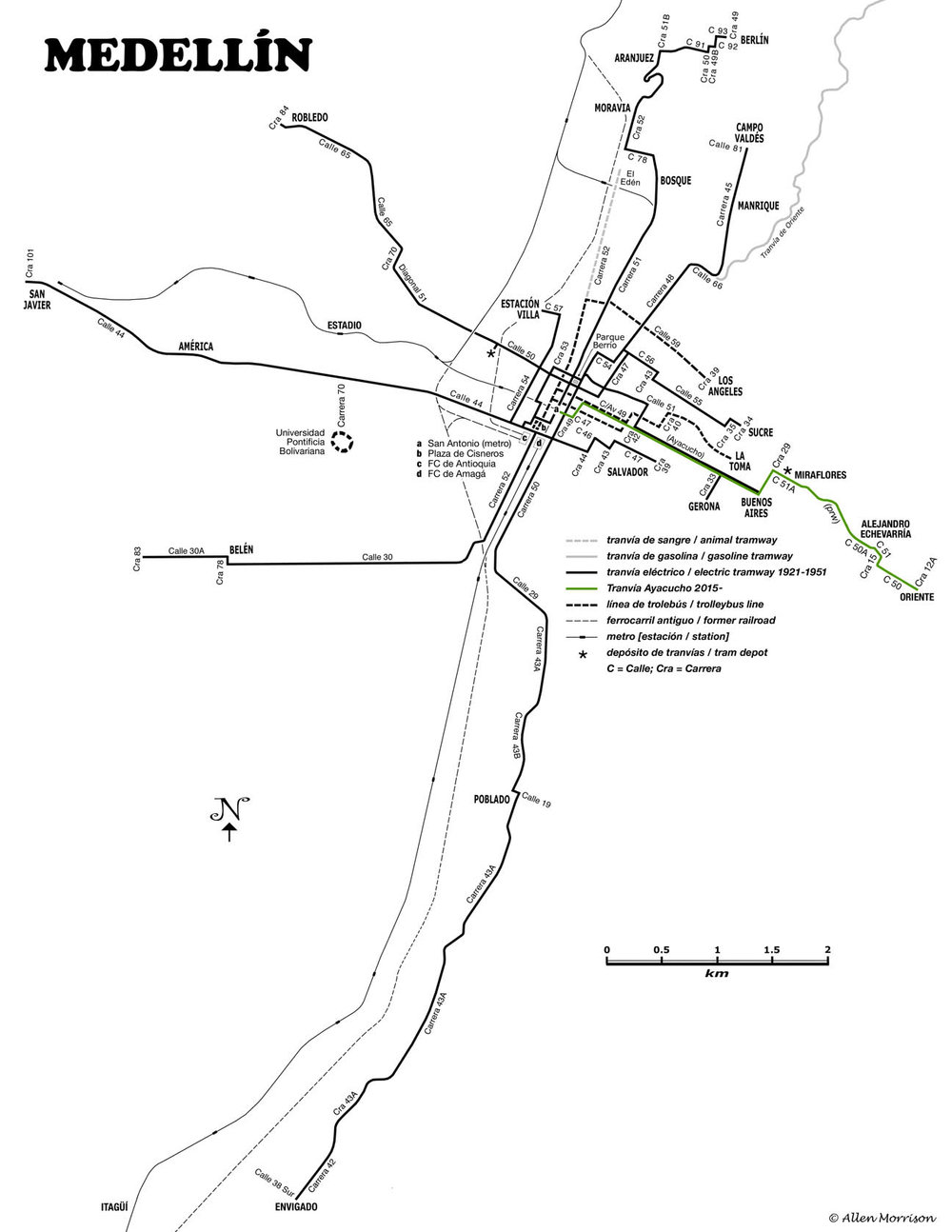 Přehledná mapa zobrazuje jak tratě, na kterých operovala koňka, tak i ty, na kterých byly k vidění tramvaje poháněné elektřinou či benzínem. Stejně tak je možné zjistit přesnou pozici dnešní tramvaje na pneumatikách, ale i místa, kterými se proháněly trolejbusy, či vlaky. Rovněž je zachycena pozice metra. (autor: Allen Morrison)