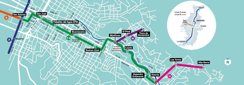 Na tramvaj na pneumatikách navážou v brzké době i dvě nové lanové dráhy, které se právě dokončují. (zdroj: Alcaldía de Medellín)