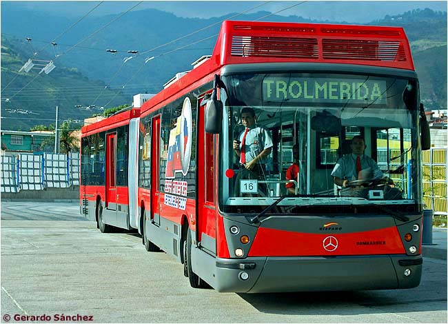 Článkový trolejbus zblízka, u dveří jsou zřetelné vyklápěcí plošiny, které pomáhají překonávat horizontální mezeru mezi vozem a náštupišti. (foto: Gerardo Sánchez)