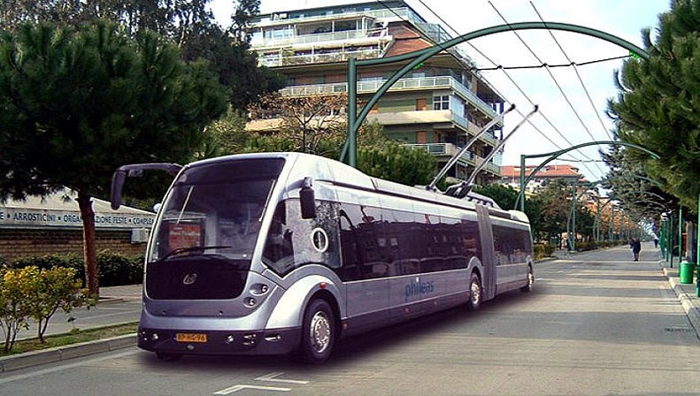 Vizualizace trolejbusu Phileas na trati v Pescaře. Holandský producent ovšem vozidla nakonec nedodal. (zdroj: Wikipedia.org)