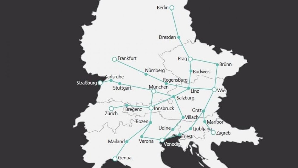 Spoje lze využít jen pro mezinárodní přepravu. Pozice Brna je na mapě zakreslena poněkud severněji... (zdroj: ÖBB)