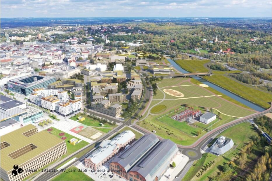 Na této vizualizaci není trolejbusová trať zakreslena, bude ovšem vedena po komunikaci začínají v levém jižním rohu. (autor: mvize; zdroj: PROPOJENÍ NOVÁ PIVOVARSKÁ – KAROLINA, Hluková studie, autor: Dopravoprojekt, 11/2019).