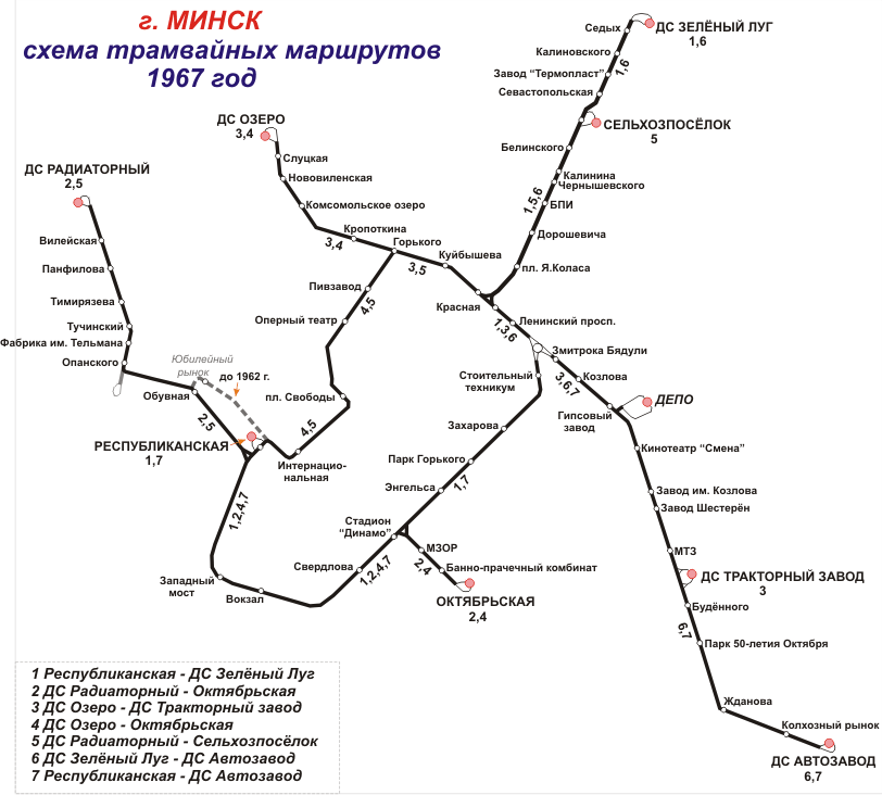 Schéma tramvajové sítě v roce 1967.