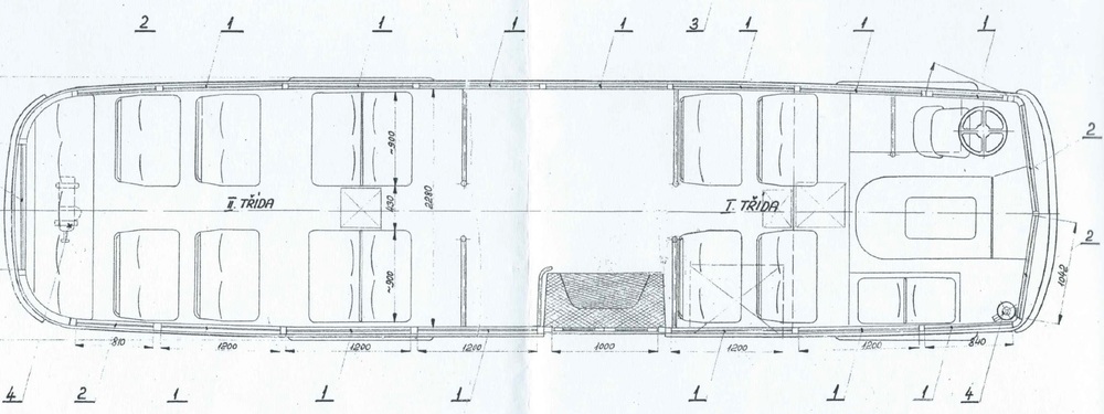 Řešení interiéru autobusu Škoda 706 RO pro Egypt s dobře patrným rozdělením na první a druhou třídu. (sbírka: archiv Iveco Czech Republic)