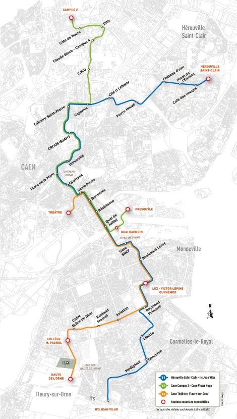 Aktuální představa města o vedení nových tramvajových tratí ve městě. Tři linky by měly být postupně zprovozněny od roku 2019. Vizualizace provozu klasických tramvají v Caen. (zdroj: http://www.tramway2019.com/)