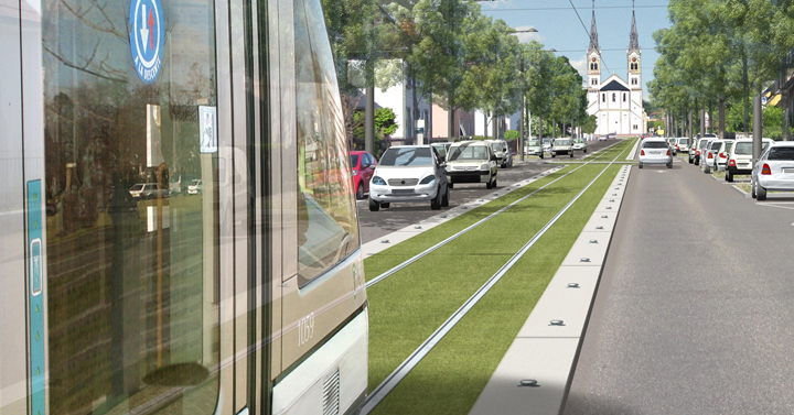 Nový úsek linky A ve městě Illkirch-Graffenstaden je řešen jako částečně jednokolejný, jak ukazuje také tato vizualizace. (zdroj: http://www.illkirch-graffenstaden.fr)