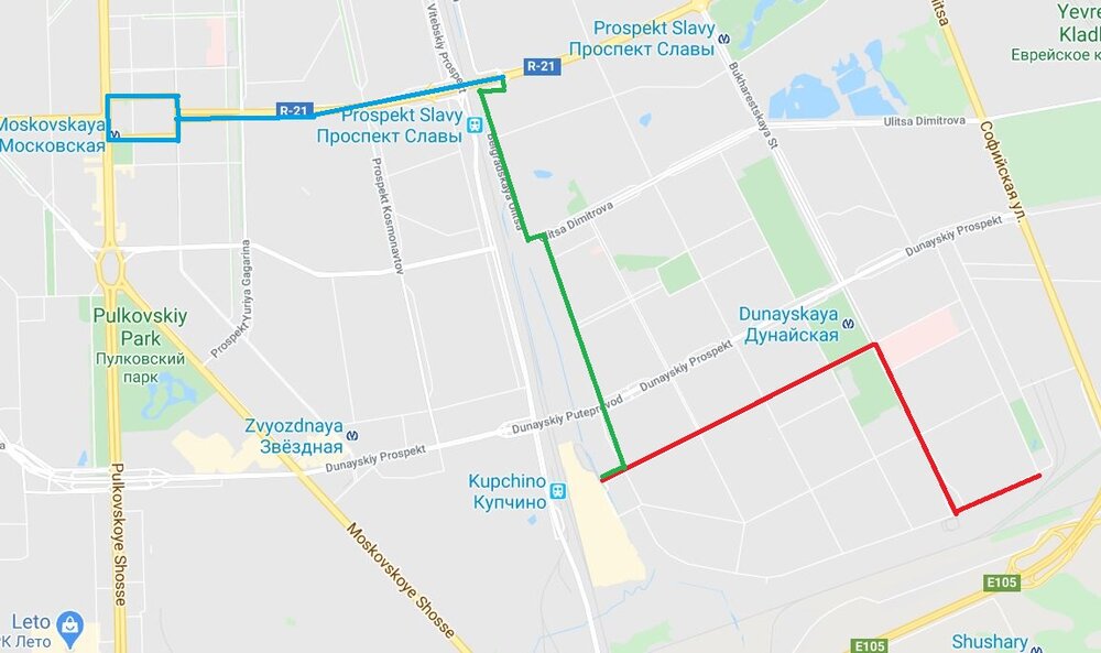 Linka 47 v prodloužené variantě podle jednotlivých úseků. Červeně: původní trasa linky č. 47, zeleně: nový nezatrolejovaný úsek linky, modře: nový zatrolejovaný úsek linky. (podklad: Google Maps, autor: -vh-)