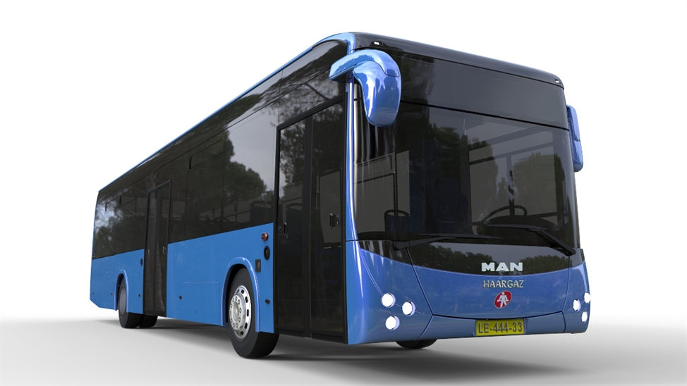 Pro zajímavost můžeme ještě ukázat projekt částečně nízkopodlažního vozu (low entry; LE) s karoserií Ha'argaz, která se již vzhledově od běžné řady MAN Lion's City odlišuje více. (foto: Ha'argaz)