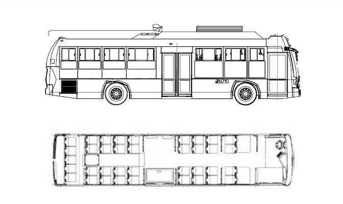 Trolejbus Ridder E na typovém nákresu. Zobrazené vnitřní uspořádání nicméně doznalo u Guadalajary mírných odlišností. (zdroj: DINA Camiones)