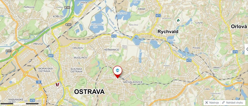 Poloha smyčky Michálkovice. Jedná se o nejvýchodnější zatrolejovaný bod ostravské trolejbusové sítě. (zdroj: mapy.cz)