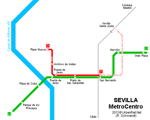 Plánek sevillské tramvajové trati vyznačené červeně. Zeleně metro. (zdroj: Robert Schwandl / UrbanRail.Net)