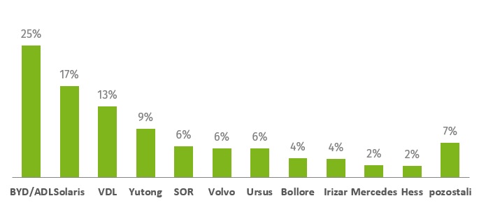 Podíl v oblasti elektrobusů. Z uvedených dat není zřejmé, zda jsou zahrnuty do výčtu také trolejbusy. (zdroj: Solaris Bus & Coach)