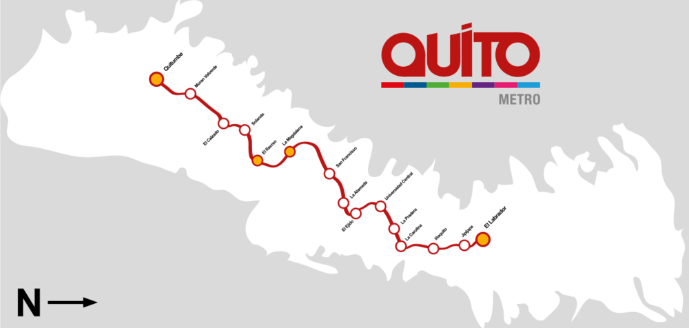 Trasa první linky. Orientace je otočená, když jih je vlevo a sever vpravo. (zdroj: Municipio del Distrito Metropolitano de Quito / Wikipedia.org)