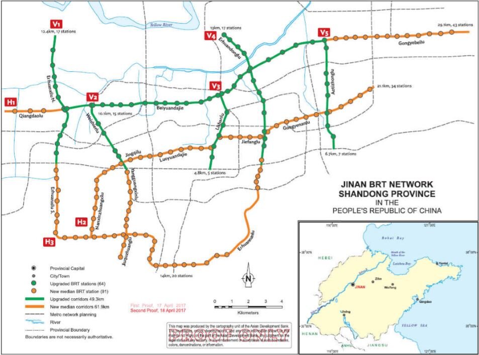 Zde vidíme plánek ukazující BRT koridory současné, zatím neelektrifikované (zeleně), a nově budované (žlutě), které budou elektrifikované rovnou při své stavbě. Drátovat se nebude jen na vybraných místech těchto koridorů. Celková délka BRT koridorů je, jak již bylo řečeno, 111,2 km. Kromě toho má být také zachována stávající trolejová síť (viz plánek zde), která však zčásti poslouží jako základ koridoru H2. (zdroj: Asijská rozvojová banka)