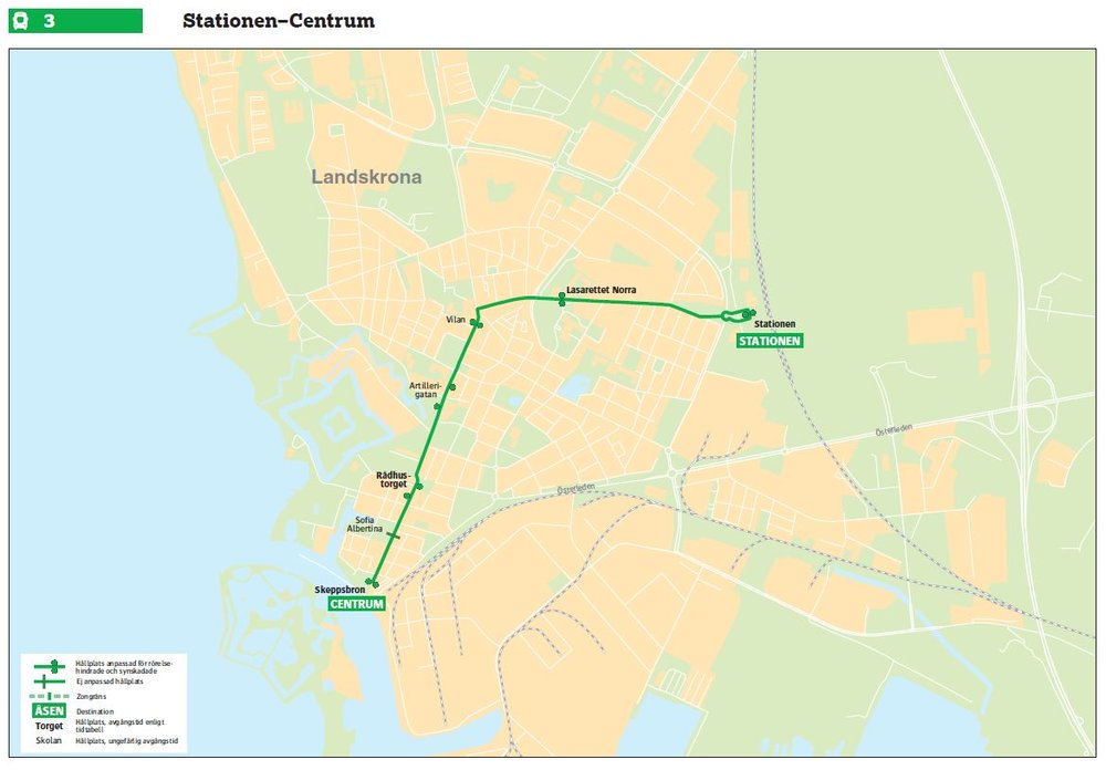 Detail trolejbusové trati. Železniční trať k centru města nadále vede, je ovšem využívána výhradně nákladními vlaky. (zdroj: Skånetrafiken)