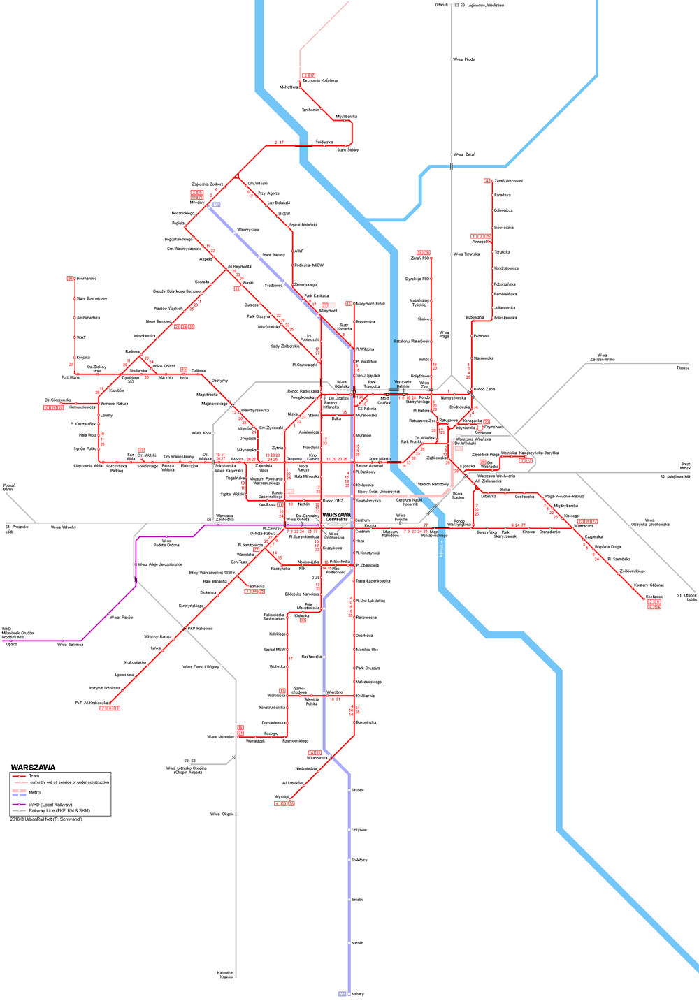 Tramvajová síť ve Varšavě i s vyznačeným plánovaným prodloužením na severu města. (zdroj: UrbanRail.net).