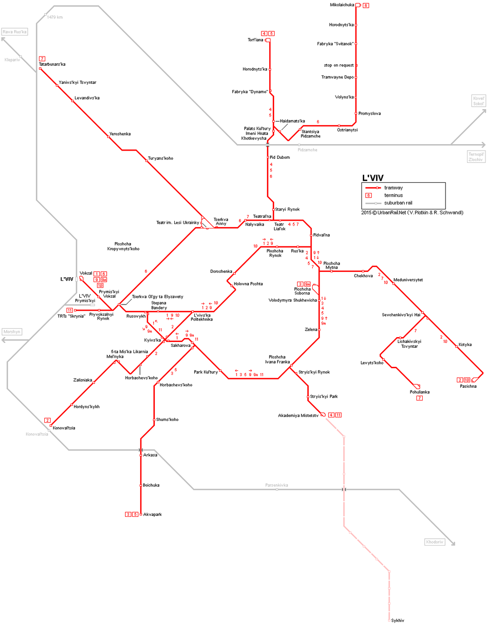 Mapa tramvajové sítě ve Lvově. Momentálně se nejezdí na úseku Akademika Sacharova – Kyivs'ka – Rusovych a dále po větvi směřující na konečnou Pohuljanka – linka č. 7 místo toho sdílí s linkou č. 2 větev vedenou ke konečné Pasična  (zdroj: UrbanRail.net)