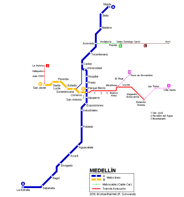 Mapa drážní dopravy v Medellínu. Leckterá jihoamerická velkoměsta by mohla závidět... (zdroj: UrbanRail.Net)