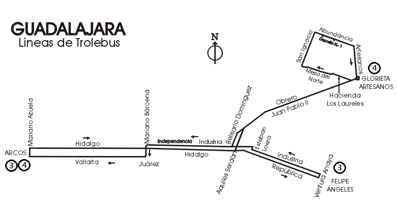 Tento plánek zachycuje guadalajarskou síť v roce 2016. V provozu je jen linka 3. O osudu linky č. 4 (bývalé 500), která měla být opětovně zprovozněna, se zatím nic neví. Vozovna původního provozovatele SISTECOZOME (t. č. ve fázi ukončování aktivit) ležící u konečné č. 500 již podle posledních informací neslouží a trolejbusy jsou prokazatelně přechovávány v areálu depa linky č. 2 lehkého metra ve čtvrti Tetlán II. (zdroj: Wikipedia)