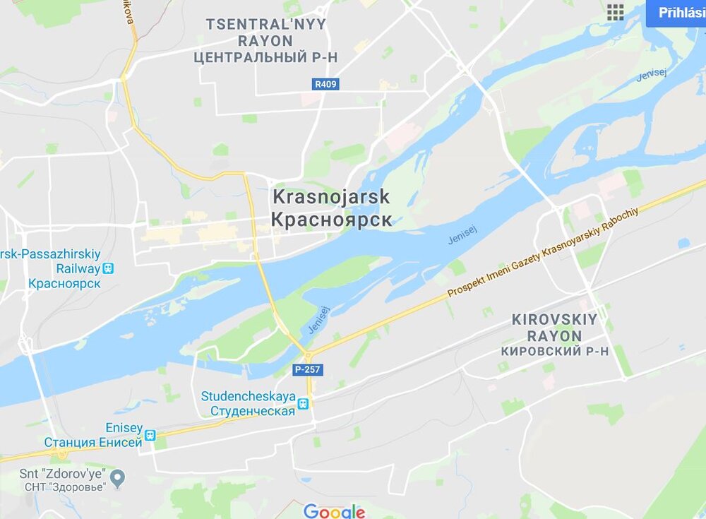Mapa Krasnojarsku. Tramvaje jezdí v&nbsp;jižní polovině města, trolejbusy v&nbsp;severní. Starší plánek zde. (foto: Google Maps)