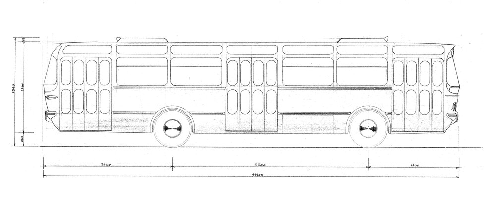 Výkres z roku 1959 pravděpodobně vyobrazuje první návrh křivek nového autobusu Karosa ŠM 11. (zdroj: archiv Iveco Czech Republic)