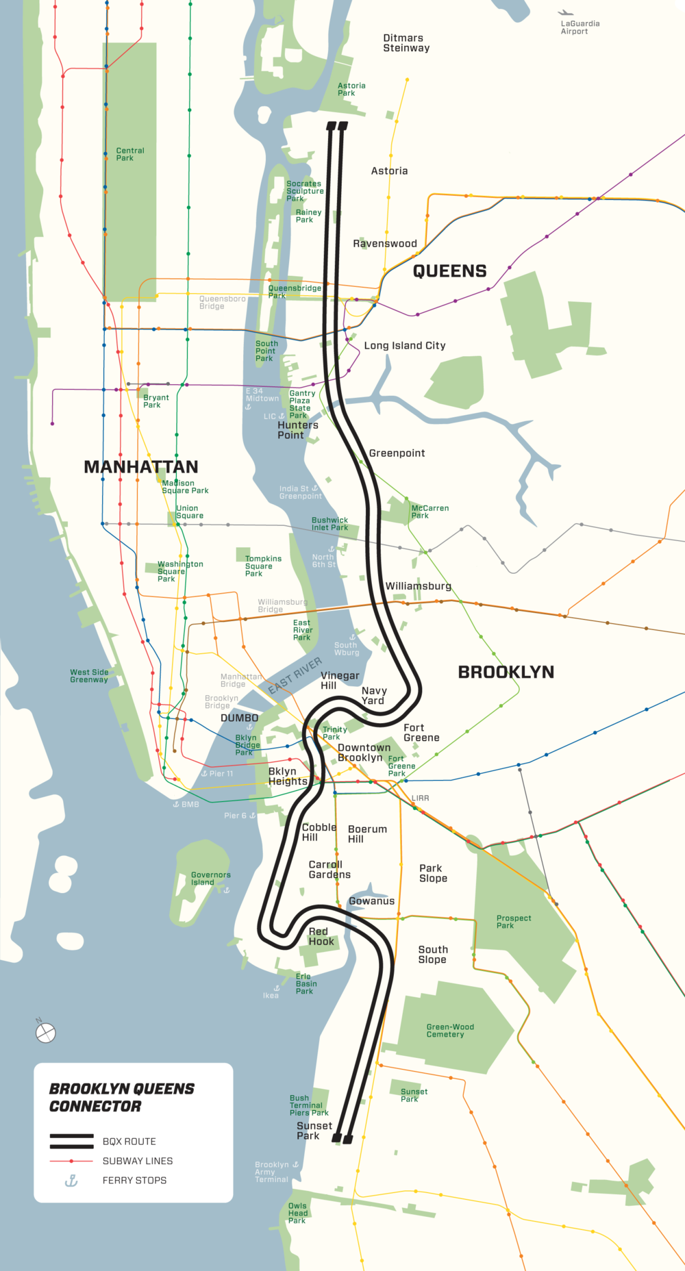 Ambiciózní plán nové tramvajové trati rovněž počítá s napojením části Red Hook. Značně tak kopíruje původní plán spolku BHRA. (zdroj: BQX)