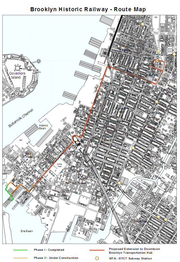 Takto měla původně vypadat navržená trasa tramvaje. Zelený úsek dodnes z větší části existuje (byť bez trolejeú, oranžový sneslo město a s výstavbou červeného se nezačalo. (foto: BHRA)
