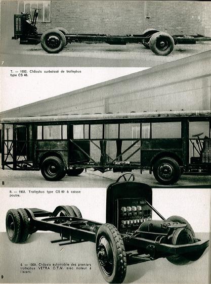 Srovnání sníženého podvozku typu CS 48 (nahoře), karoserie typu caisse-poutre (uprostřed) a podvozku prvních trolejbusů VETRA typu O.M.C. (dole). (zdroj: archiv ČsD)