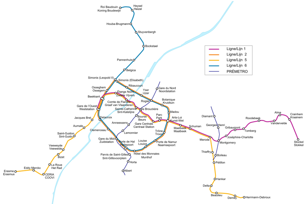 Síť metra v Bruselu včetně zaznačení tras tzv. prémetra (podpovrchové tramvaje). (zdroj: Wikipedia.org)