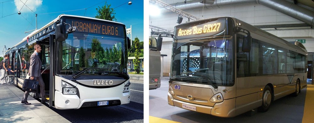 Urbanway (vlevo), nebo Heuliez (vpravo)? Již v úterý se představí nový elektrobus Škody Electric, který by měl být produktem spolupráce s Ivecem a využívat karoserii jednoho z těchto modelů. (zdroj: Iveco Bus a Wikipedia.org)