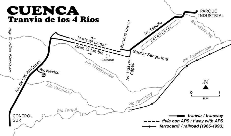 Tramvajová trať bude po svém dokončení vypadat tak, jak ukazuje mapka. Průjezd centrem města s úzkými ulicemi byl vyřešen logicky, s jednostopými tratěmi po paralelně vedených ulicích. (autor: Allen Morrison) 