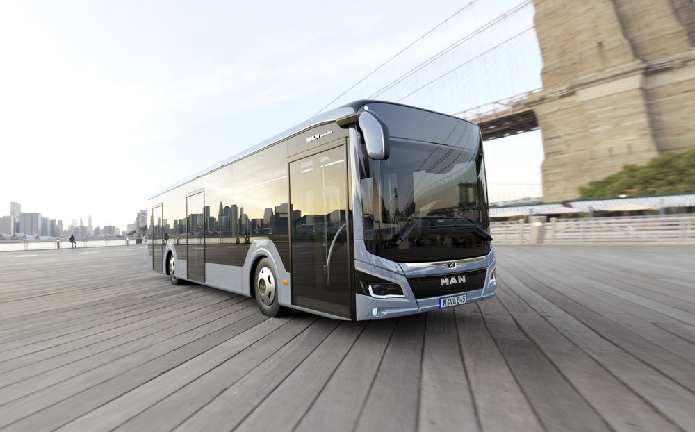 Nový MAN Lion's City pod Brooklynským mostem v New Yorku. Zde však pouze na vizualizaci. (foto: MAN Truck & Bus)