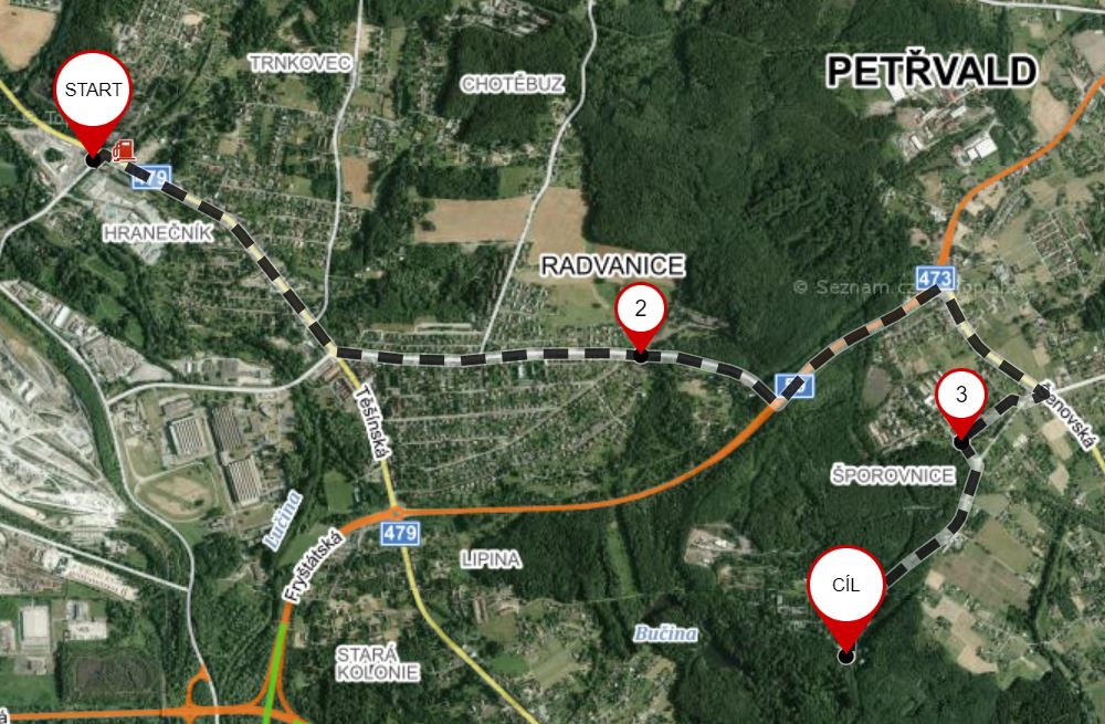 Trasa linky č. 101 od terminálu Hranečník s platností od 2. září 2018. V bodě č. 2 se nachází stávající konečná LDN. Původně se s parciálními trolejbusy počítalo v jižním směru dále po Těšínské, kde je osídlení o něco větší. Ve vzdálené minulosti však byl předpoklad táhnout po Těšínské troleje, výhledově až do Havířova. (zdroj: mapy.cz)