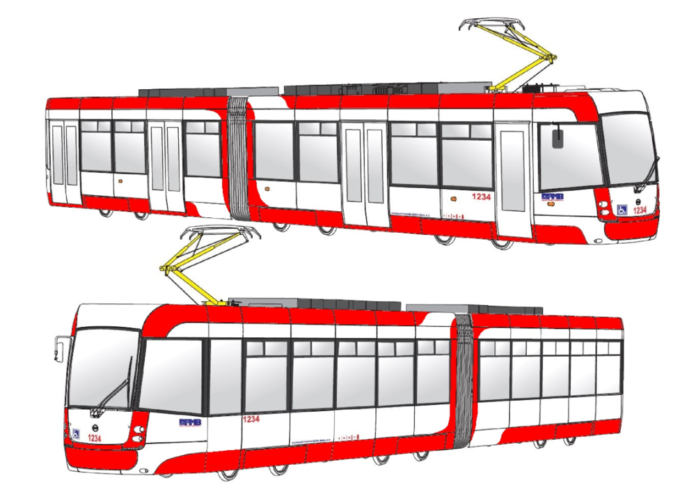 Návrh číslo 1 pro barevné řešení tramvají EVO2 (“Tramvaje pro Brno”). (foto: DPMB)