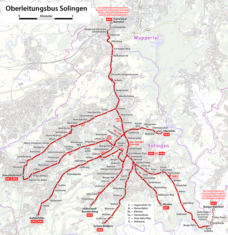 Mapa trolejbusové sítě v Solingenu staršího data, platná ovšem i dnes. Tečkované úseky jsou obsluhovány s pomocí agregátu. (mapa: Wikipedia.org)