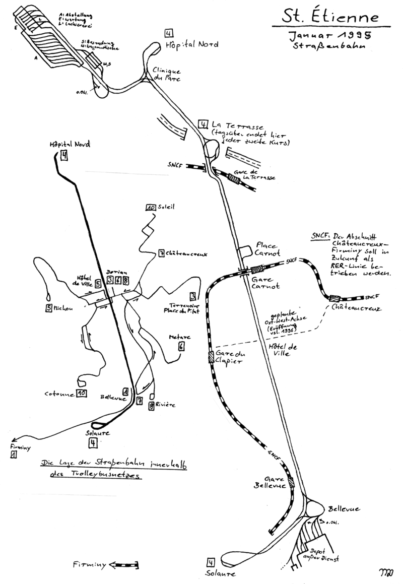 Levá část plánku z roku 1995 ukazuje tehdejší stav saint-étiennského trolejbusového provozu. Troleje byly zachovány na většině sítě, a i proto je dnes možné jednotlivé linky křísit. (zdroj: Maximilian Dörrbecker/Wikipedia.org)