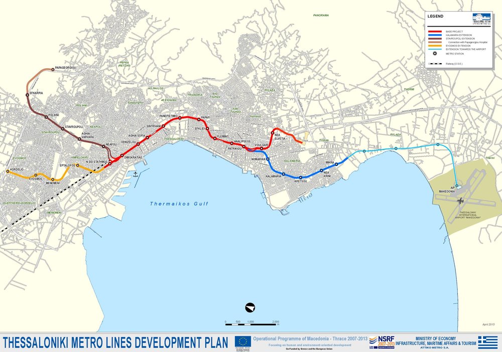 Návrh sítě soluňské podzemní dráhy z počátku tohoto století. Staví se na místě červené a tmavě modré čáry. (zdroj: Evropská komise)