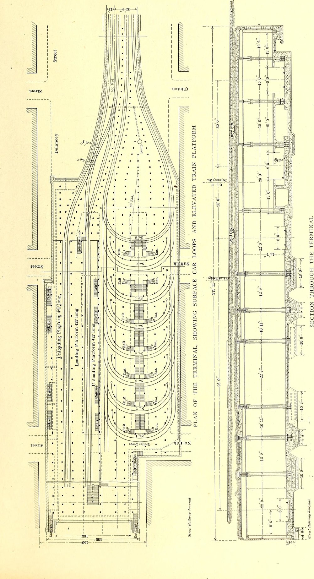 Schéma uspořádání smyček a nástupišť v podzemní stanici na Manhattanu. Na plánu je vidět i ukončení metra v levé části. V roce 1913, kdy bylo metro prodlouženo dále na Manhattan, musela být tato část terminálu upravena. Přecházet z tramvajové části do části s provozem metra nebylo možné bez toho, že by se lidé vypravili nejprve na povrch. 