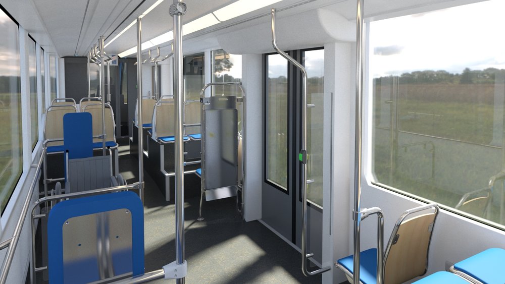 Pohled do interiéru směrem ke kabině řidiče. Z vizualizace je dobře patrné uspořádání sedadel v oblasti otočných podvozků. (zdroj: Stadler)